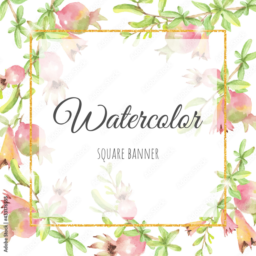 watercolor pomegranate fruit branch with gold glitter frame square banner background