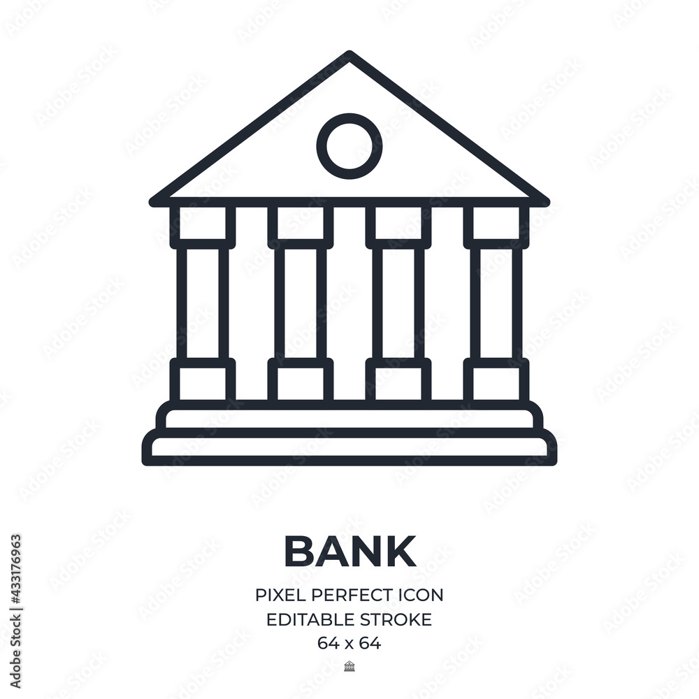 Bank building editable stroke outline icon isolated on white background flat vector illustration. Pixel perfect. 64 x 64. Bank building editable stroke outline icon isolated on white background flat vector illustration. Pixel perfect. 64 x 64.