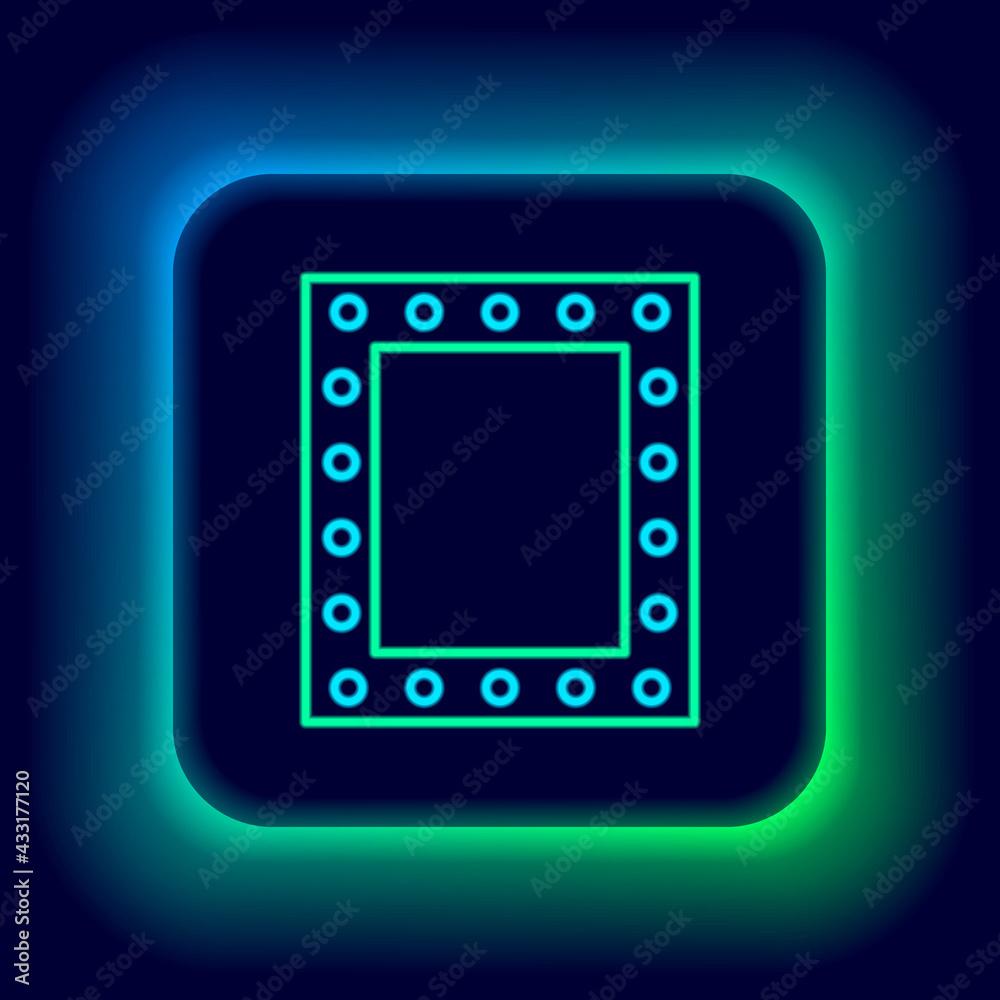 Glowing neon line Makeup mirror with lights icon isolated on black background. Colorful outline concept. Vector