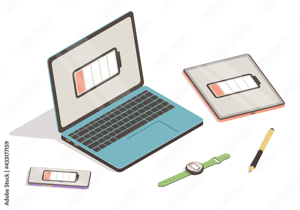 Laptop, smartphone, tablet and smart watch with low battery icon. Isometric set on white background Laptop, smartphone, tablet and smart watch with low battery icon. Isometric set on white background