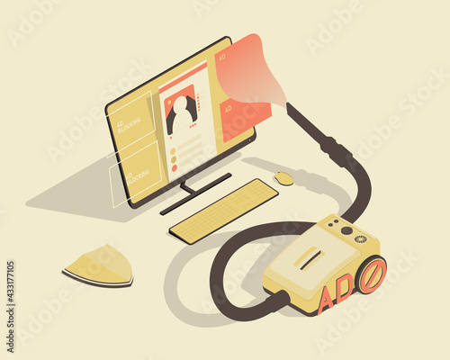 Isometric computer and vacuum cleaner. Abstract concept on the theme of ad blocking.