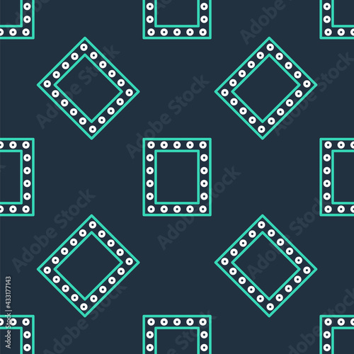 Line Makeup mirror with lights icon isolated seamless pattern on black background. Vector