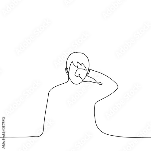 man scratches the back of his head - one line drawing vector. the concept of confusion, ignorance, self-doubt, perplexity, indecision, doubt