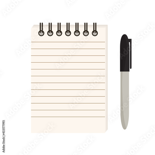 Flat vector illustration of spiral notepad with lines with space for text and permanent marker. Note taking concept. Isolated on white background