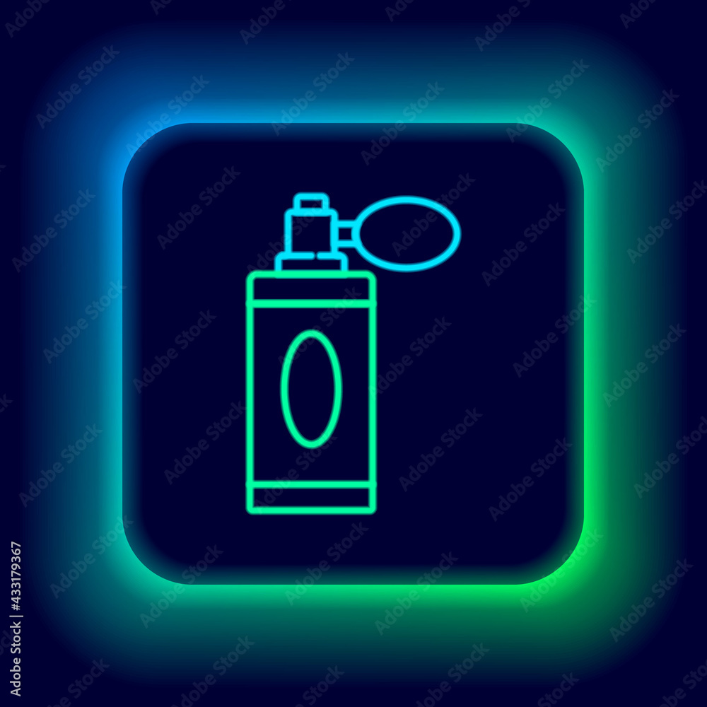 Glowing neon line Aftershave bottle with atomizer icon isolated on black background. Cologne spray icon. Male perfume bottle. Colorful outline concept. Vector Glowing neon line Aftershave bottle with atomizer icon isolated on black background. Cologne spray icon. Male perfume bottle. Colorful outline concept. Vector