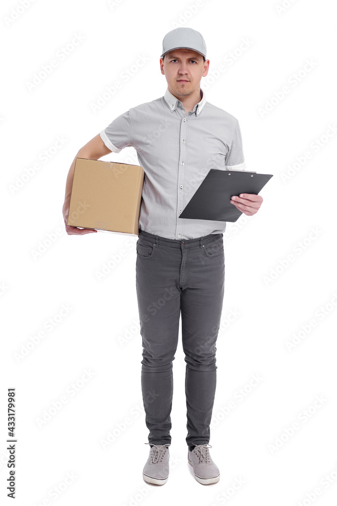 full length portrait of postman or delivery man in uniform with box and clipboard isolated on white full length portrait of postman or delivery man in uniform with box and clipboard isolated on white