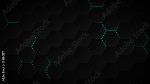 Abstract dark hexagon pattern on blue neon background technology style. Modern futuristic honeycomb concept.