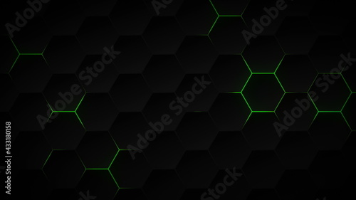 Abstract dark hexagon pattern on green neon background technology style. Modern futuristic honeycomb concept.