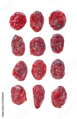 Dried whole cranberries collection isolated on white background, selective focus.
