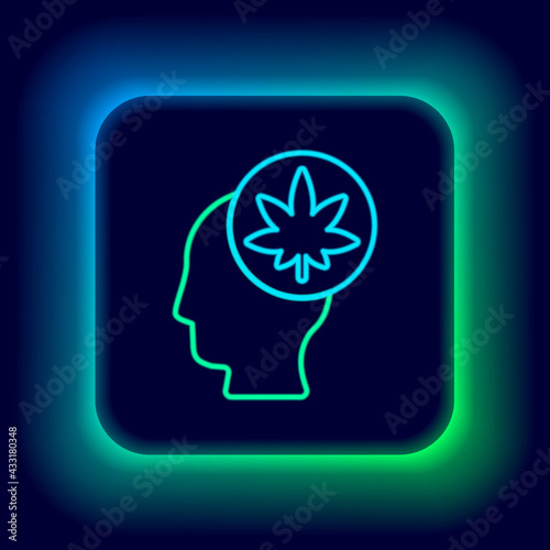 Glowing neon line Male head in profile with marijuana or cannabis leaf icon isolated on black background. Marijuana legalization. Hemp symbol. Colorful outline concept. Vector