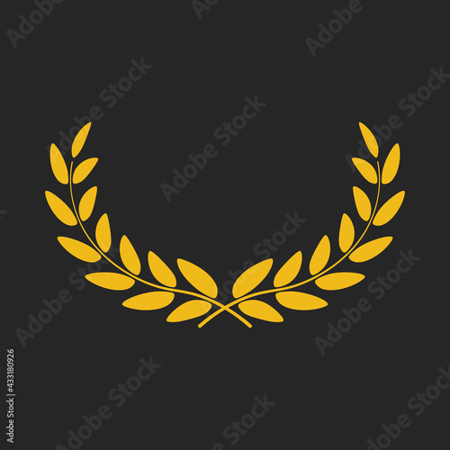 Golden wide laurel wreath icon isolated on black background. Vector illustration.