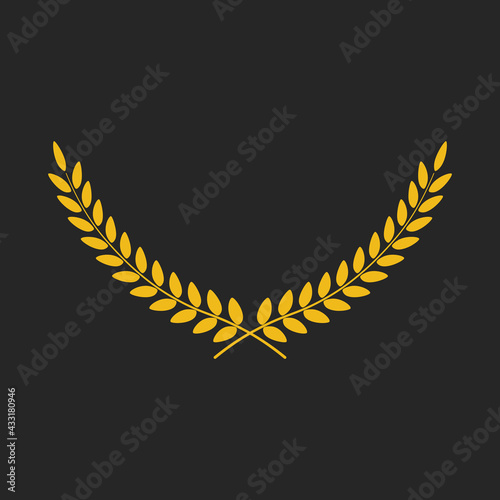 Golden wide laurel wreath vector isolated on black background. Vector illustration.