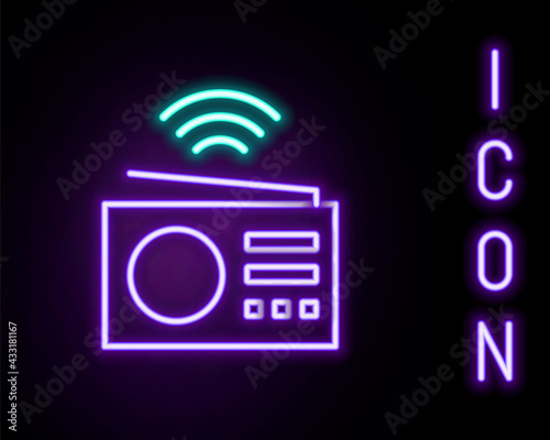 Glowing neon line Smart radio system icon isolated on black background. Internet of things concept with wireless connection. Colorful outline concept. Vector