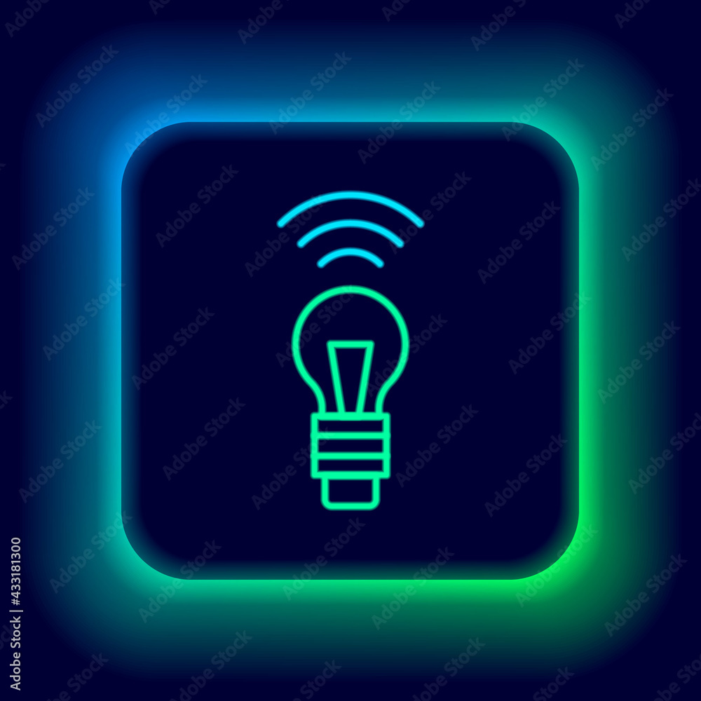 Glowing neon line Smart light bulb system icon isolated on black background. Energy and idea symbol. Internet of things concept with wireless connection. Colorful outline concept. Vector Glowing neon line Smart light bulb system icon isolated on black background. Energy and idea symbol. Internet of things concept with wireless connection. Colorful outline concept. Vector