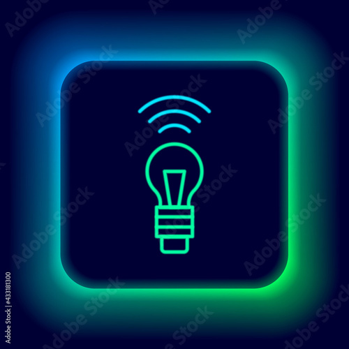 Glowing neon line Smart light bulb system icon isolated on black background. Energy and idea symbol. Internet of things concept with wireless connection. Colorful outline concept. Vector