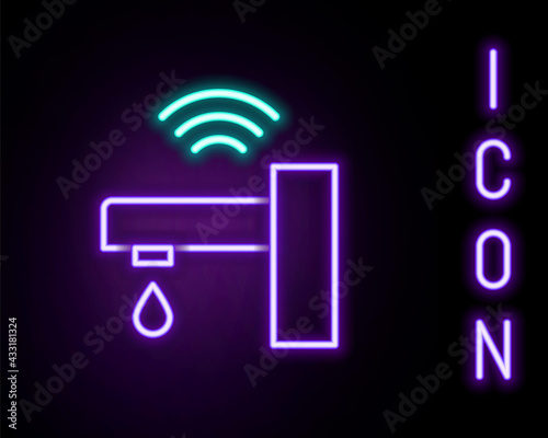 Glowing neon line Smart water tap system icon isolated on black background. Internet of things concept with wireless connection. Colorful outline concept. Vector
