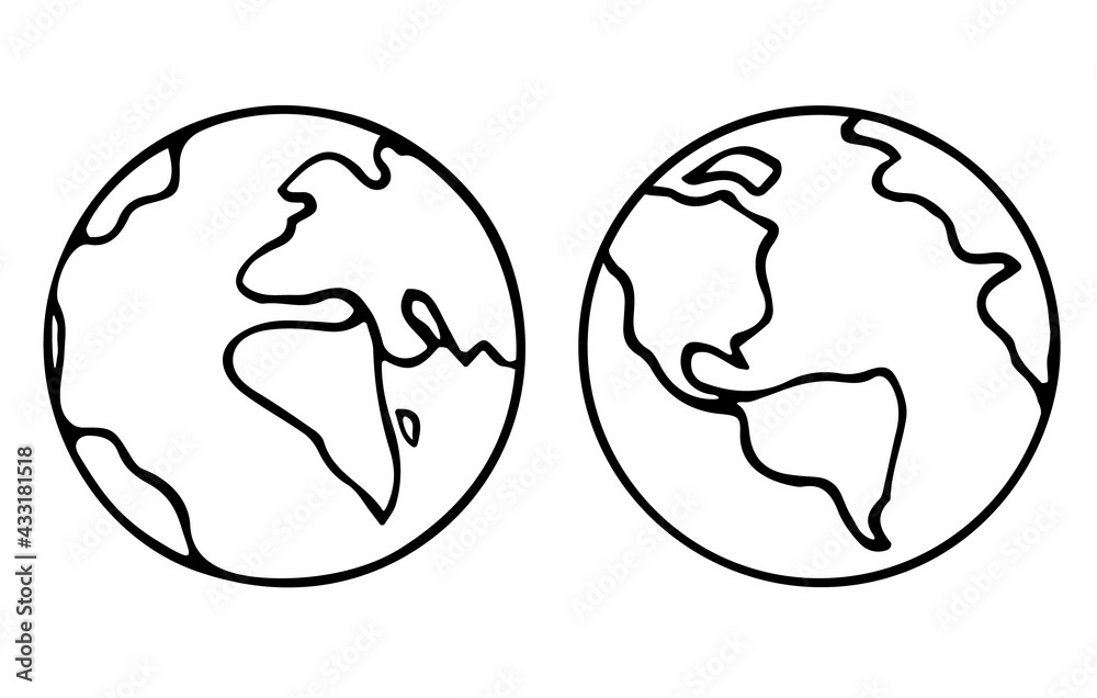 Cartoon hand drawn Earth. Two views of the planet. America Europe and Africa on the world map. Outline drawing. Stylized vector illustration in doodling style isolated on white background. Cartoon hand drawn Earth. Two views of the planet. America Europe and Africa on the world map. Outline drawing. Stylized vector illustration in doodling style isolated on white background.