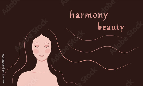 Face glamor beautiful girl with lovely thick long hair. Background from flowing, waving hair. The mood of relaxation, harmony, peace. Place for text. Colorful vector flat stock illustration.