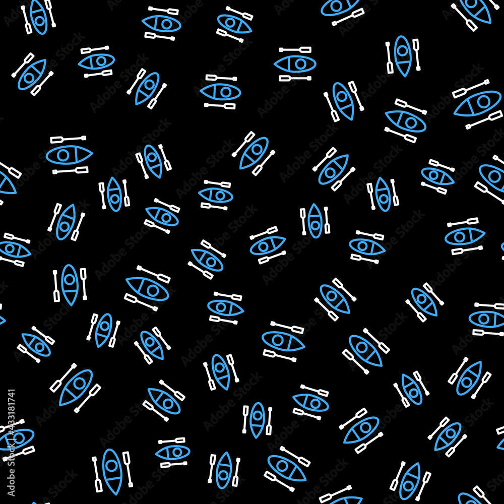 Line Kayak and paddle icon isolated seamless pattern on black background. Kayak and canoe for fishing and tourism. Outdoor activities. Vector Line Kayak and paddle icon isolated seamless pattern on black background. Kayak and canoe for fishing and tourism. Outdoor activities. Vector