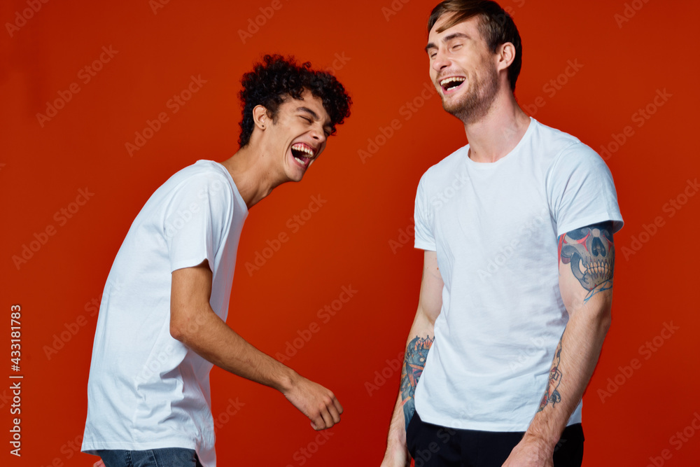 Fototapeta premium two friends in white t-shirts construction teams he emotions