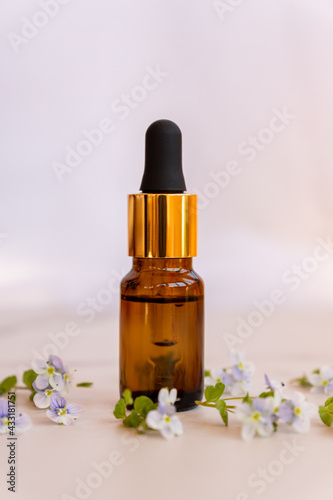 front view of Natural essential oil, serum glass drop bottle on a marble background wit wild flowers. Alternative medicine, aromatic herbal beauty skin care product.