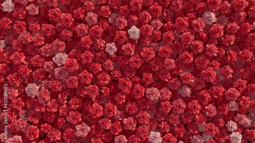 Beautiful Flowers arranged to create a Vibrant wall. Pink, Colorful Background formed from Romantic Carnations. 3D Render