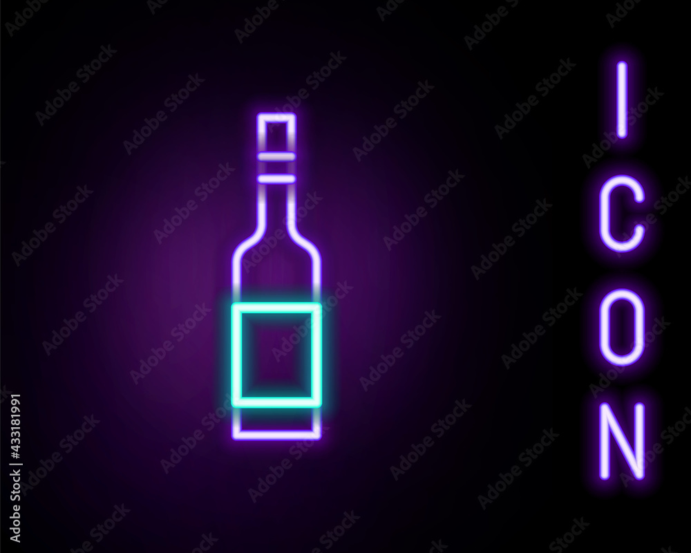 Glowing neon line Glass bottle of vodka icon isolated on black background. Colorful outline concept. Vector Glowing neon line Glass bottle of vodka icon isolated on black background. Colorful outline concept. Vector