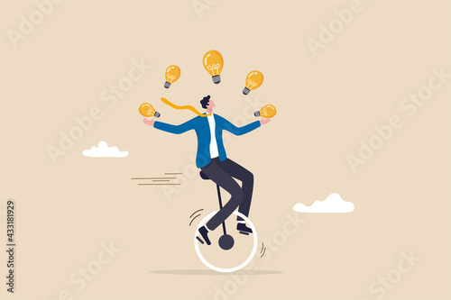 Creativity and ideas, innovation or skill to success in business, skillful businessman riding unicycle juggling lightbulb lamp metaphor of plenty ideas.