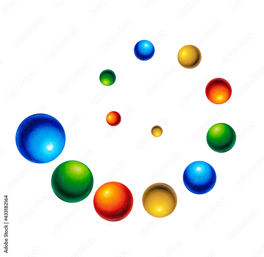 Spiral of striped balls. Abstract background. 3d. Hand painted by colored pencils. Spiral of striped balls. Abstract background. 3d. Hand painted by colored pencils.
