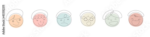 Round abstract drawing faces with various Emotions.  Different colorful characters. Cartoon style. Flat design. Hand drawn trendy Vector illustration