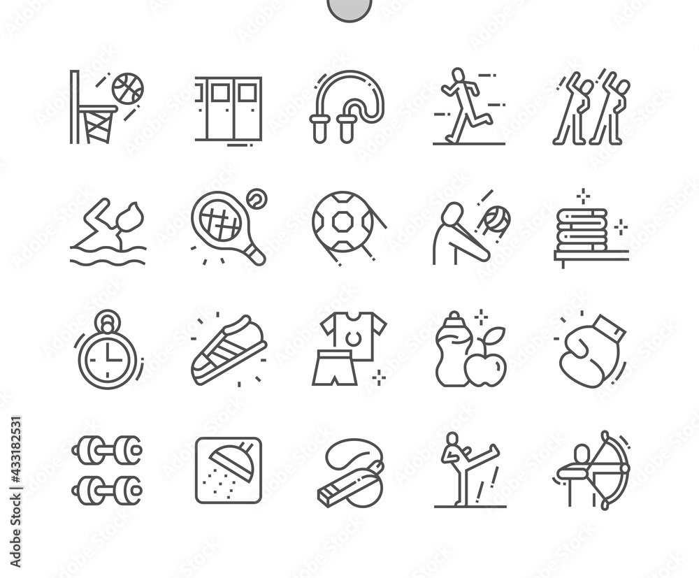 Fototapeta premium Sport school. Leisure activity, healthy and equipment. Basketball, swimming, volleyball, tennis, archery, football and other. Pixel Perfect Vector Thin Line Icons. Simple Minimal Pictogram