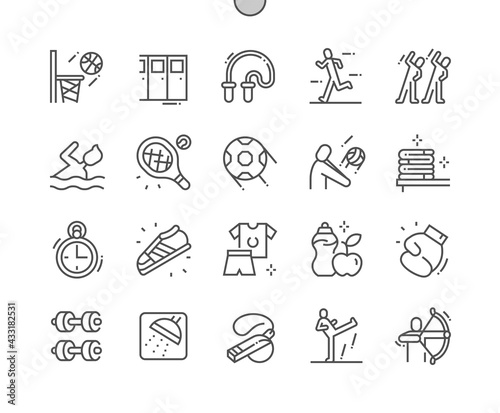 Sport school. Leisure activity, healthy and equipment. Basketball, swimming, volleyball, tennis, archery, football and other. Pixel Perfect Vector Thin Line Icons. Simple Minimal Pictogram