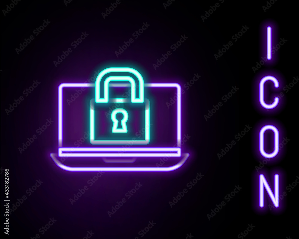 Glowing neon line Laptop and lock icon isolated on black background. Computer and padlock. Security, safety, protection concept. Safe internetwork. Colorful outline concept. Vector Glowing neon line Laptop and lock icon isolated on black background. Computer and padlock. Security, safety, protection concept. Safe internetwork. Colorful outline concept. Vector