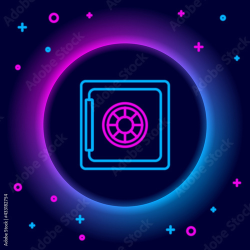 Glowing neon line Safe icon isolated on black background. The door safe a bank vault with a combination lock. Reliable Data Protection. Colorful outline concept. Vector