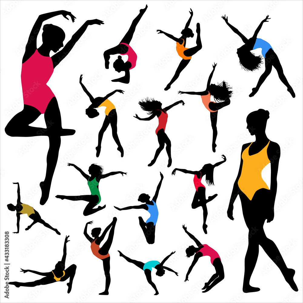Fototapeta premium Set Dance Girl ballet silhouettes. Dancing women