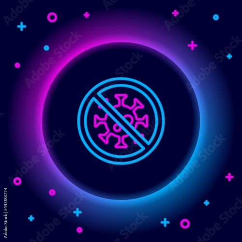 Glowing neon line Stop virus icon isolated on black background. Corona virus 2019-nCoV. Bacteria and germs, cell cancer, microbe, fungi. Colorful outline concept. Vector