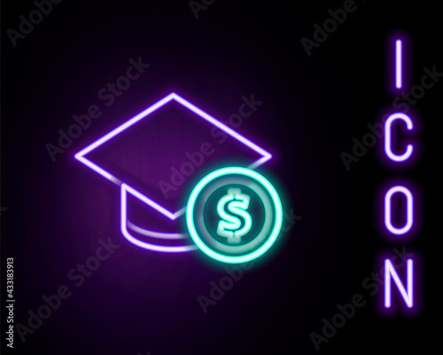 Glowing neon line Graduation cap and coin icon isolated on black background. Education and money. Concept of scholarship cost or loan, tuition or study fee. Colorful outline concept. Vector