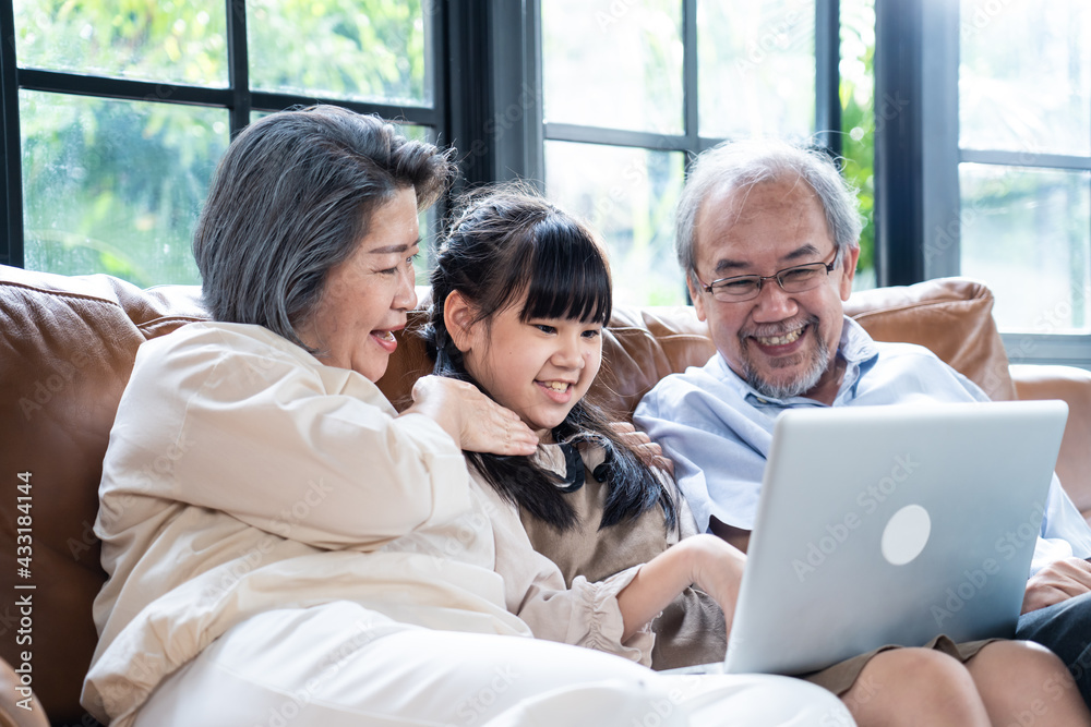 Asian grandparent looking their grandchild using laptop for learning.