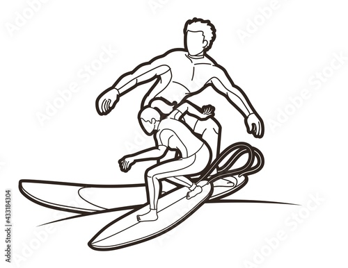 Surfer Action Group of Surfing Sport Male and Female Players Cartoon Graphic Vector