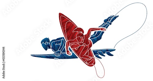 Surfer Action Group of Surfing Sport Male and Female Players Cartoon Graphic Vector