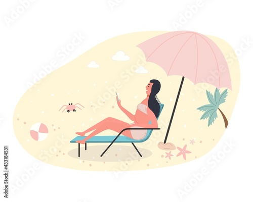 Hot summer outdoor recreation on sand beach. Woman sunbathing and read news. Vector illustration summer time vacation