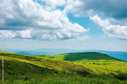 summer landscape in mountains. beautiful view of rolling hills beneath a wonderful sky with white fluffy cumulus clouds.. calmness and relaxation concept
