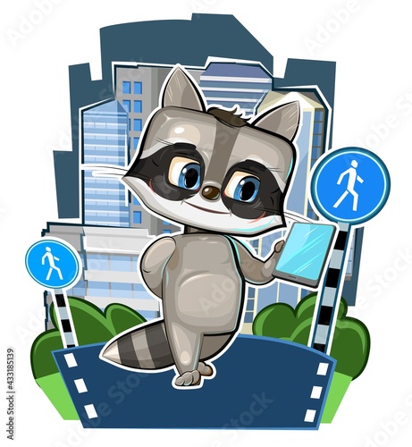 Baby raccoon with a smartphone. Walking through the city. Pedestrian zone. Children's picture. Cartoon style. Flat design. Cute funny animal. The object is isolated on a white background. Vector