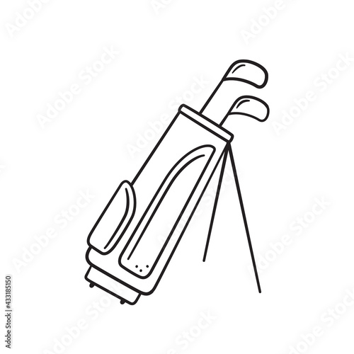 Golf bag with clubs in doodle style. Hand drawn isolated vector illustration on white background.