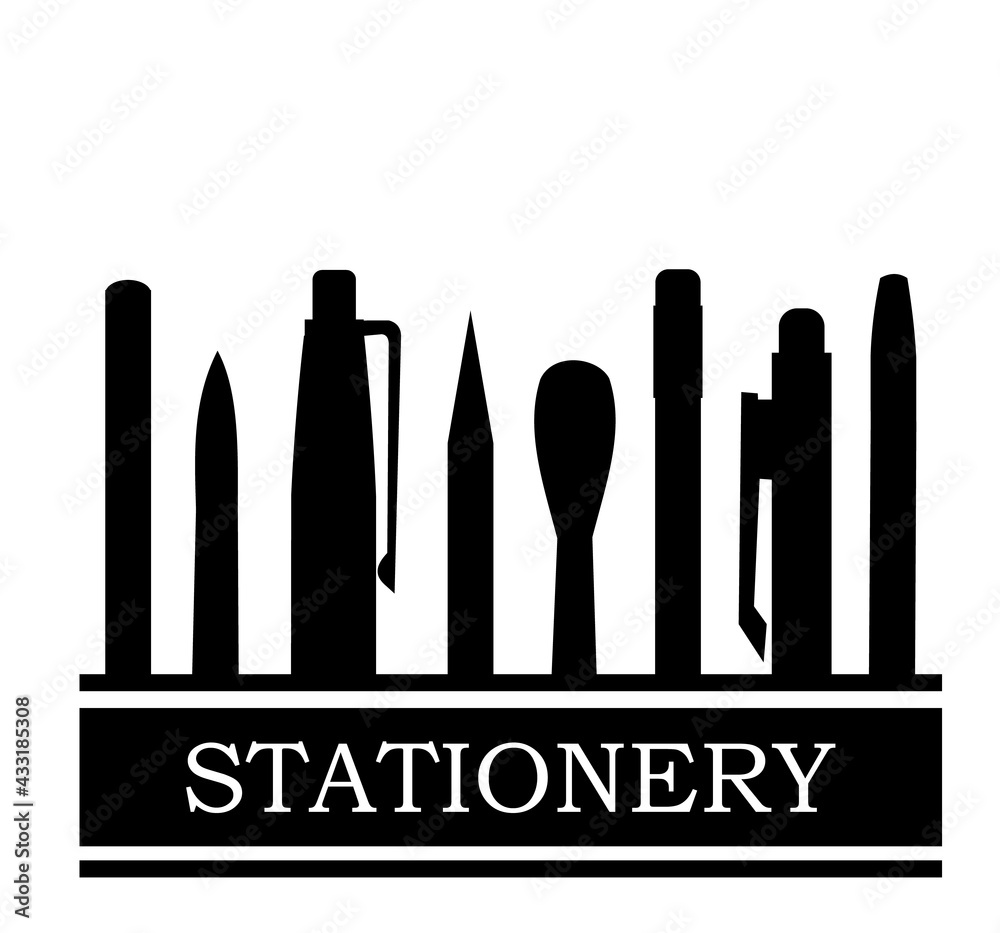 Stationery silhouette. Logo. Background for advertising a store, company. illustration. Isolated on a white background. Pencils, pens, felt-tip pens, brushes. Vector