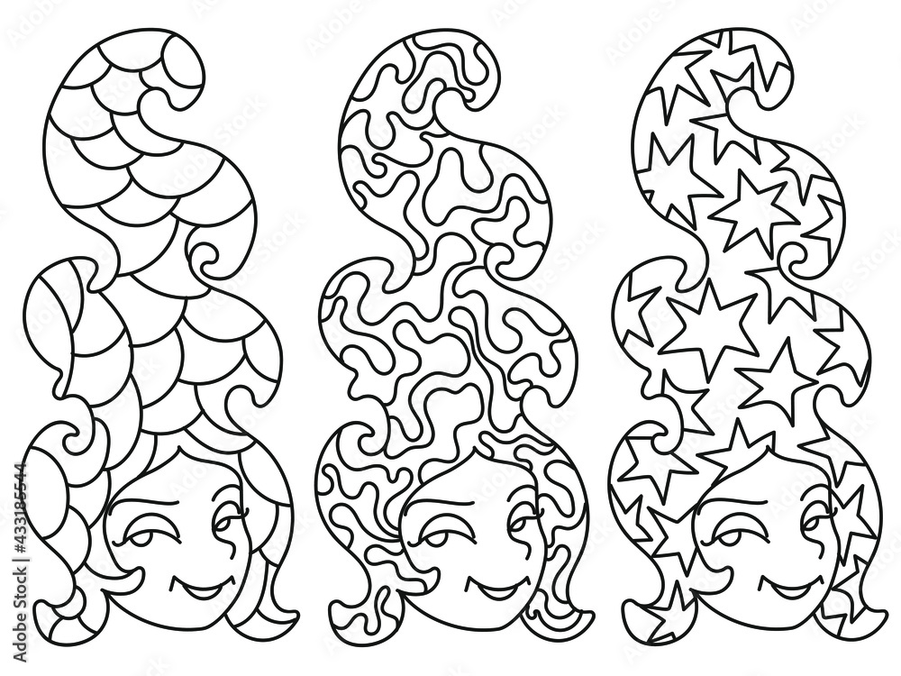 Line illustration of cute girl with hair for coloring book Line illustration of cute girl with hair for coloring book