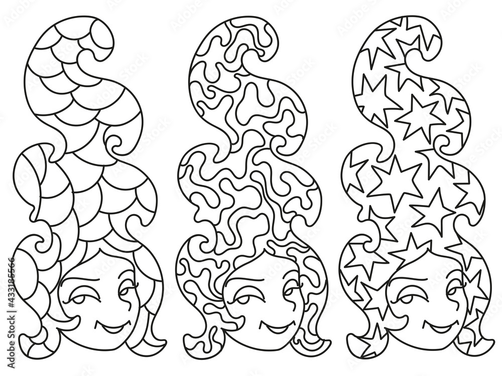 Line illustration of cute girl with hair for coloring book Line illustration of cute girl with hair for coloring book