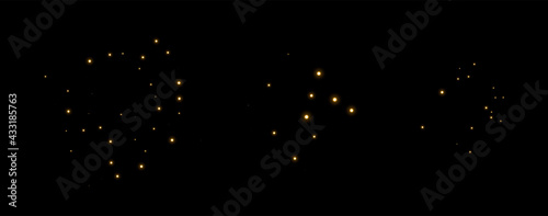 Gold glittering dots, sparkles, particles and stars on a black background. Abstract light effect. Gold luminous points. Vector illustration.