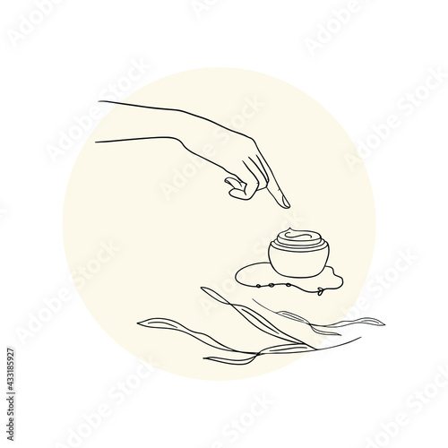Woman's hand and jar with cream. Outline skin care vector illustration. Female applying cream at home. Organic and natural production.