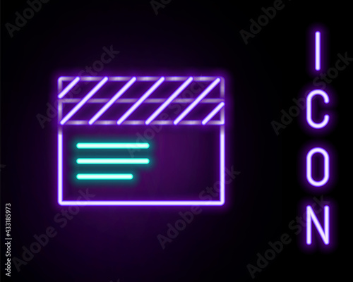 Glowing neon line Movie clapper icon isolated on black background. Film clapper board. Clapperboard sign. Cinema production or media industry. Colorful outline concept. Vector